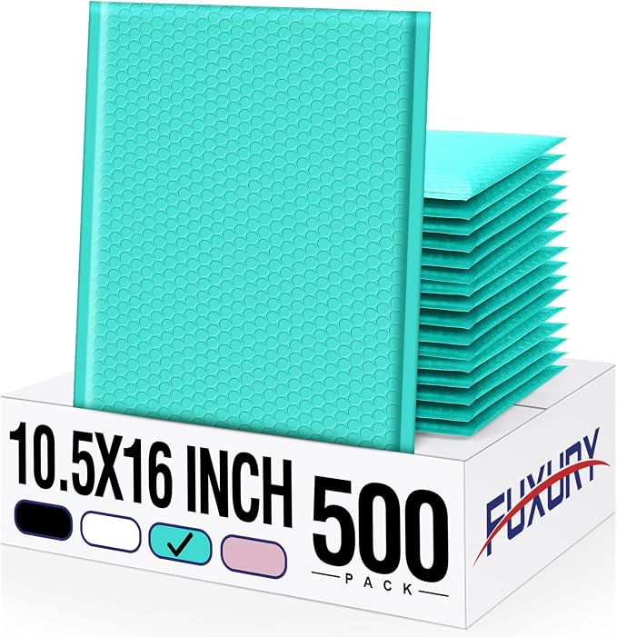 Fuxury 500 Pack Teal Bubble Mailers 10.5x16 Inch, Self Seal Padded Envelopes by Fuxury