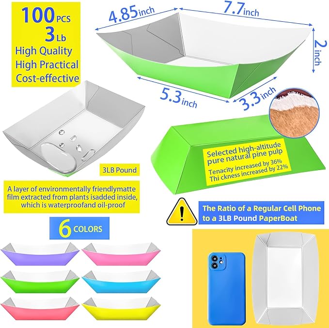100 Pack Colorful 3LB Paper Food Boat Trays Disposable Paper Boats Plates - Image 2