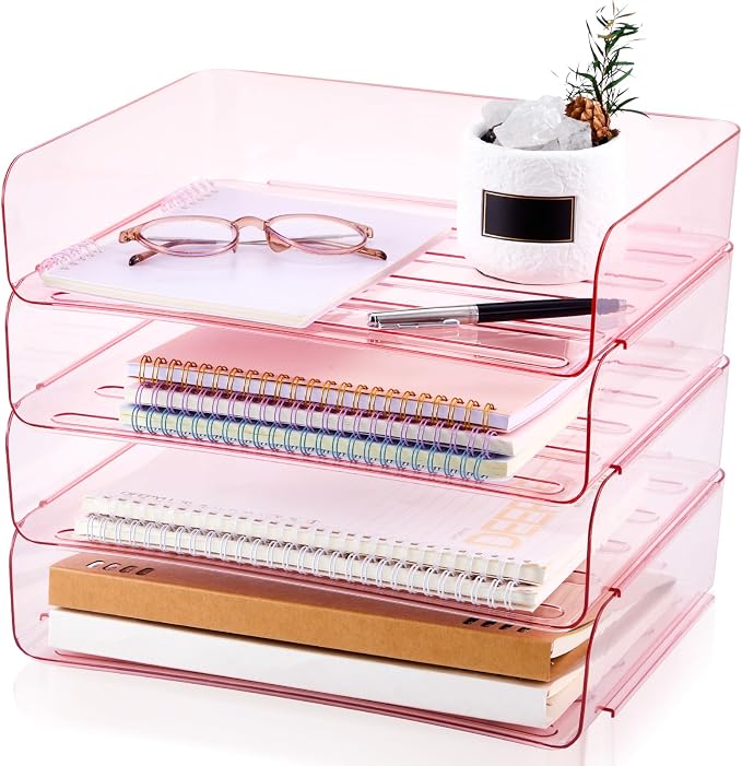 Harloon 4 Tier Pink Acrylic Paper Organizer 13 x 9.8 x 3 Inches Letter Tray by Muasung