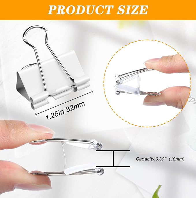 Jetec 100 Pack 1. 25in/32mm White Metal Binder Clips Bulk Medium Reusable Fold - Image 2