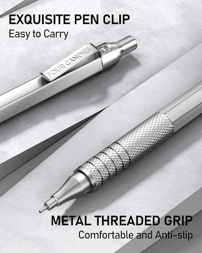 Four Candies 2PCS 0.5mm & 0.7 mm Metal Mechanical Pencils Set, 12 Erasers - Image 4
