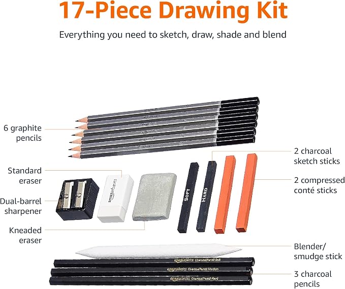 Amazon Basics Sketch and Drawing Art Supply Kit, Charcoal and Pencil Set - Image 2