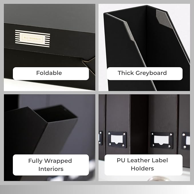 BLU MONACO Foldable Black Magazine File Holder | Set of 6 Cardboard Desk - Image 7