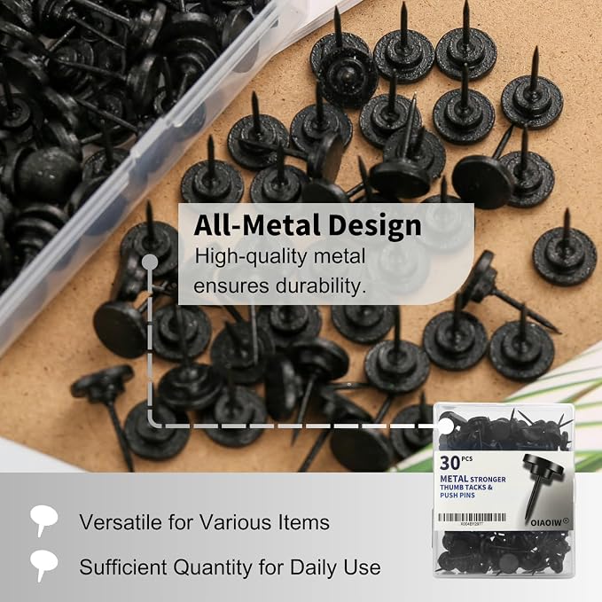 30 PCS Metal Black Push Pins for Wall Clear Thumb Tacks for Walls Flat - Image 4