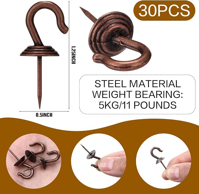 Hotop 30 Pieces Push Pin Wall Hooks Metal Thumb Tack Hangers Iron Alloy Nail - Image 2