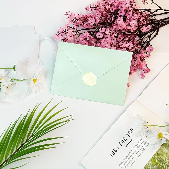 YINUOYOUJIA 50 PCS Pearl Mint Green Envelopes A7, 5 x 7 Mint Green Shimmer - Image 6