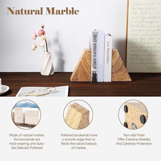 Karibiber Marble Bookends for Heavy Books, Decorative Book Ends for Shelves - Image 2