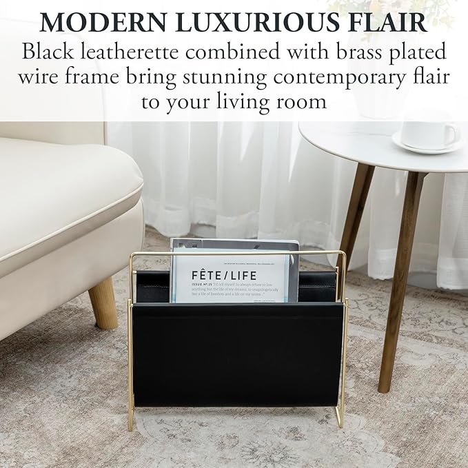 MyGift 15-Inch Modern Black Leatherette & Brass Plated Metal Magazine Holder – - Image 2