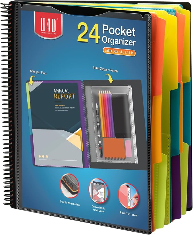H4D 24 Pocket Poly Project Organizer, Spiral Multi Pocket Folder Organizer by H4D