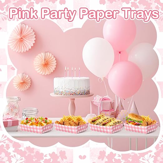 Suclain 36 Pack Light Pink and White Gingham Paper Trays 5 lb Grease Resistant - Image 6
