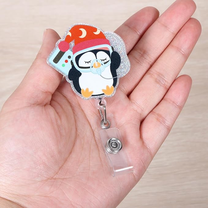 Funny Sleep Study Nurse Badge Reel, Cute Nightcap CPAP Penguin Retractable ID - Image 2