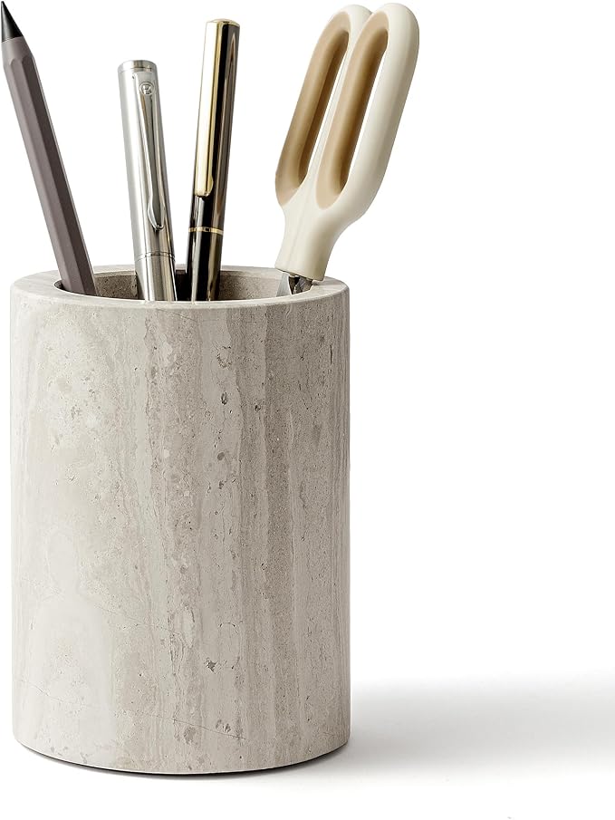 Natural Marble Pen Holder for Desk, Handcrafted Sturdy Desk Organizer by WORHE