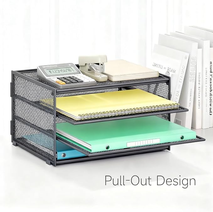 Lavatino 3-Tier Letter Tray Desk Organizer – Grey Mesh Metal Paper File Tray - Image 2