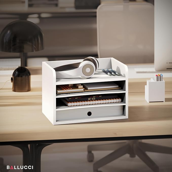 Ballucci File Organizer, 4-Tier Office Desk Organizer, Open Top Wood Paper - Image 3