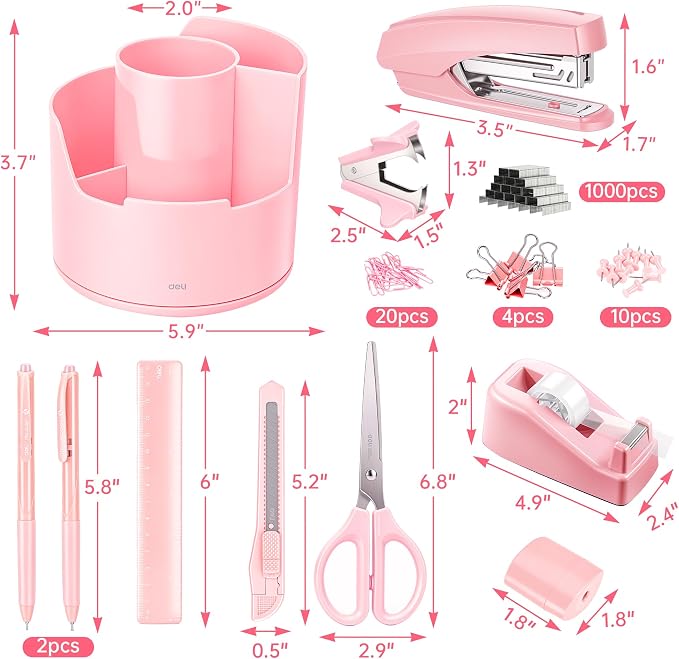 deli Pink Office Supplies, 14 in 1 Desk Accessories Set - Image 3