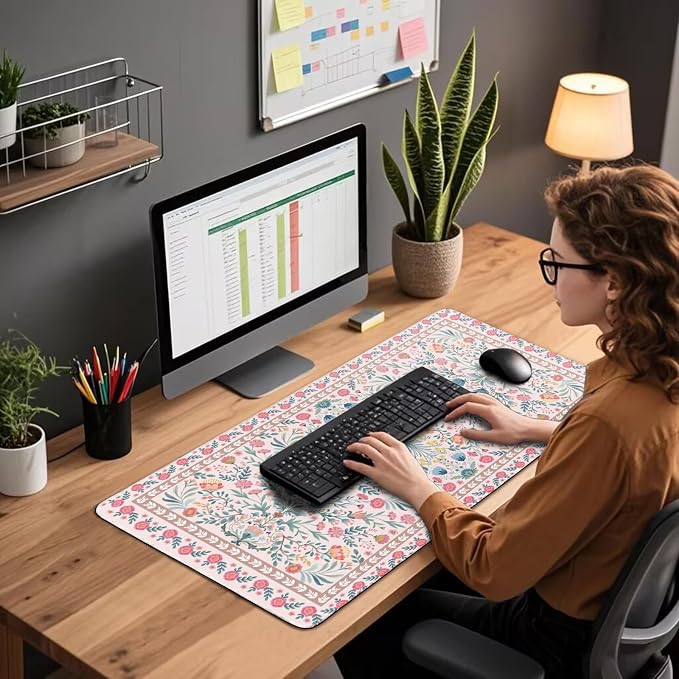 Pink Floral Desk Mat 31.5"x15.7" | Extra Large Mouse Pad, Non-Slip Rubber Base - Image 2