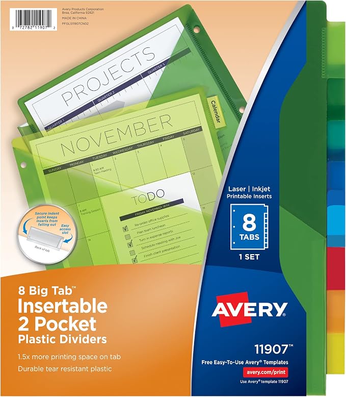 Avery Dividers for 3 Ring Binders, 8-Tab Sets, Two-Pocket Plastic Binder by Avery