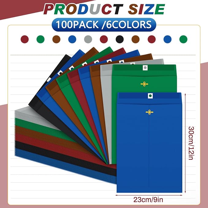 Geyee 100 Pcs Clasp Manilla Envelopes 9 x 12 Inch Gummed Colored Envelopes - Image 2