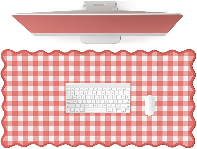 Scalloped‌ Checkered Gingham Desk Mat Cute Red XXL Large Mouse Pad Kawaii by Unknown