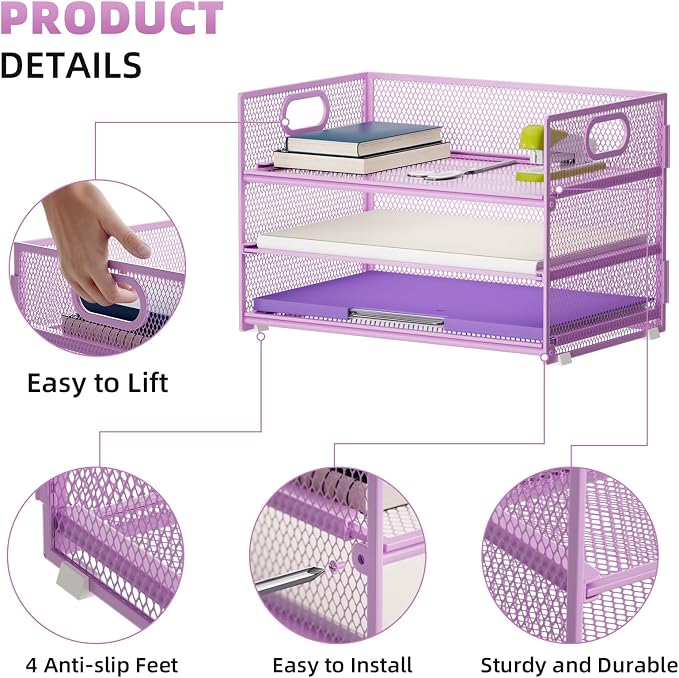 Marbrasse 3 Tier Paper Organizer Letter Tray, Mesh File Organizer - Image 4