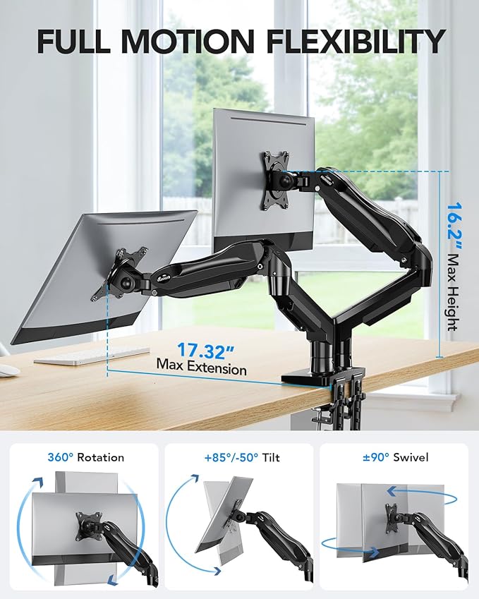 HUANUO FlowLift™ Dual Monitor Stand, Fully Adjustable Gaming Monitor Desk Mount - Image 3