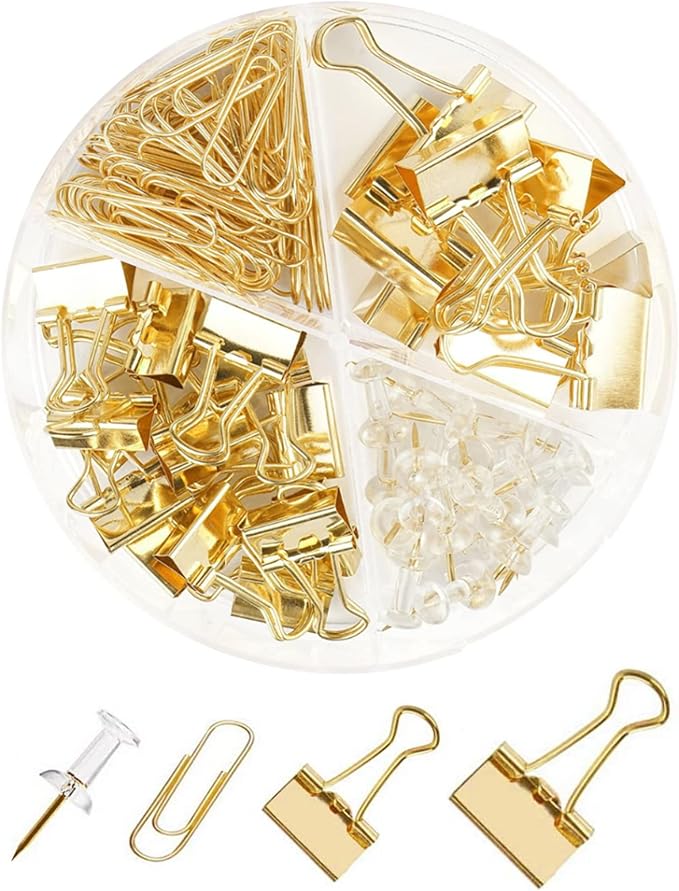 Gold Paper Binder and Clips Set, Metal Assorted Sized Binders by CREECHWA