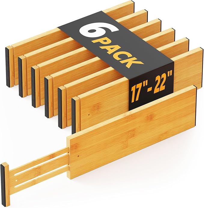 SpaceAid Bamboo Dresser Drawer Dividers 6 Pack, 4.65“ High Adjustable 17“-22” by SpaceAid
