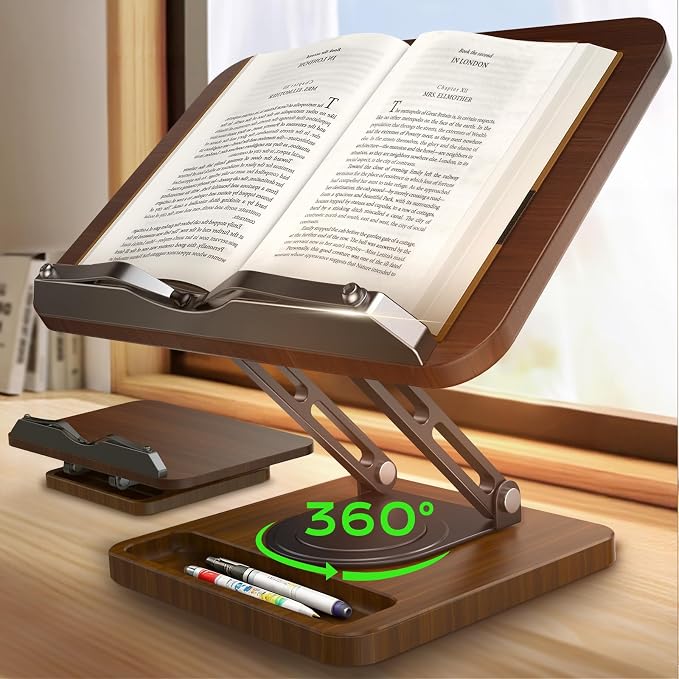 Book Stand for Reading, Adjustable Book Holder, 360° Rotating Bases by LOXP
