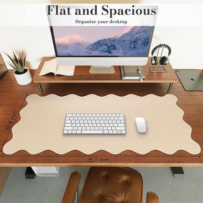 iCasso Leather Mouse Pad, Extra Large Desk Pad, Cute Scalloped Computer Mat - Image 3