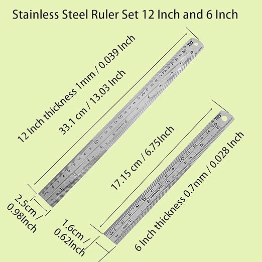 YouOKLight Metal Ruler Set, Stainless Steel 6 Inch and 12 Inch Rulers - Image 2