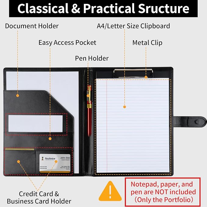Professional Padfolio with Clipboard, Faux Leather Portfolio Folder Binder - Image 3