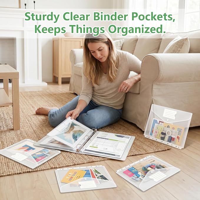 HOUYEE 12 Pack Clear Binder Pocket, 11 Holes Heavy-Duty Plastic Binder Pouch - Image 7