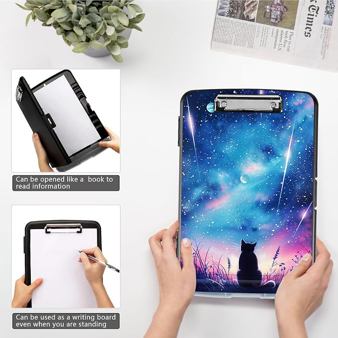 Clipboard with Storage, High Capacity Galaxy Sky with Cat Storage Clipboard - Image 4