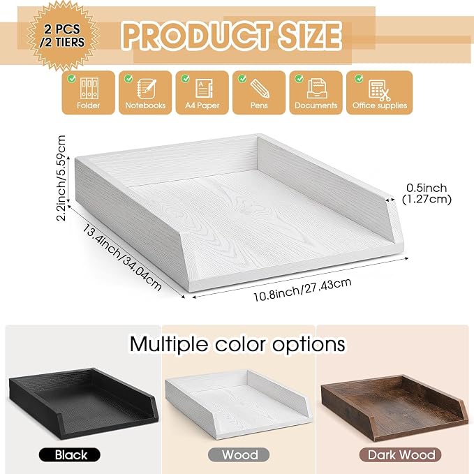 DoubleFill 2 Pcs Wooden Letter Trays 2 Tier Desktop Paper Organizer Wood - Image 3