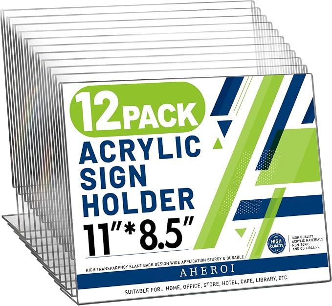 Aheroi 12Pcs Acrylic Sign Holder 8.5 x 11, Horizontal Clear Sign Holders 8.5 x by Aheroi