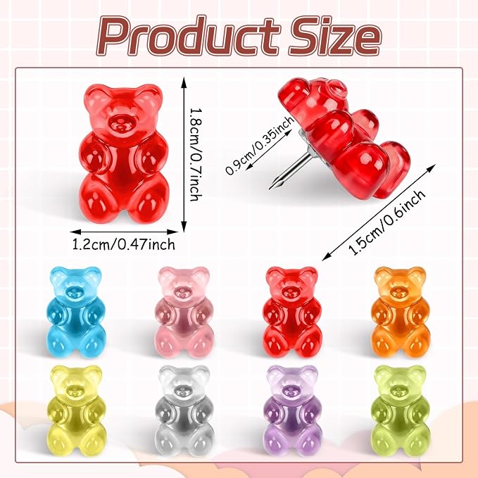 JANYUN 60Pcs Gummy Bear Push Pins Cute Resin Decorative Thumb Tacks | Cute - Image 2