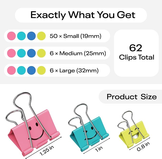 Optomni Binder Clips, 62 Pack, Medium & Large, Colorful Metal Paper Clips - Image 3