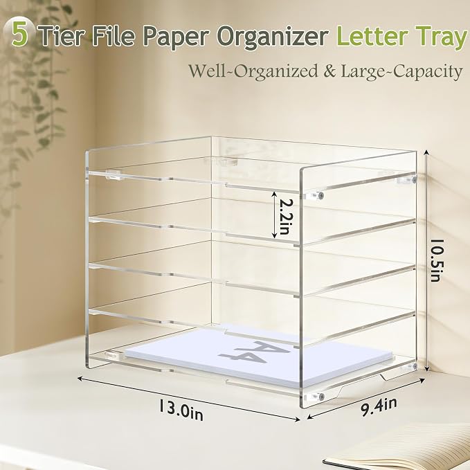 KKU 5 Tier Clear Acrylic Desk Organizer, Letter Tray Paper File Desk Organizer - Image 3