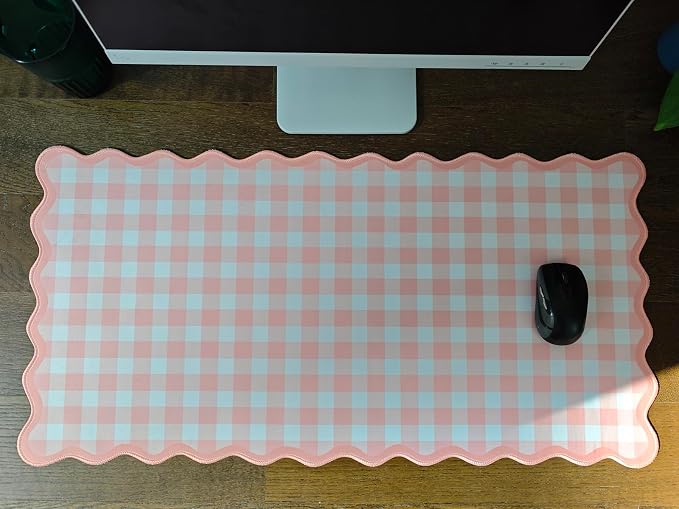 Scalloped‌ Pink Checkered Gingham Desk Mat Cute Pastel Large Mouse Pad Kawaii - Image 7