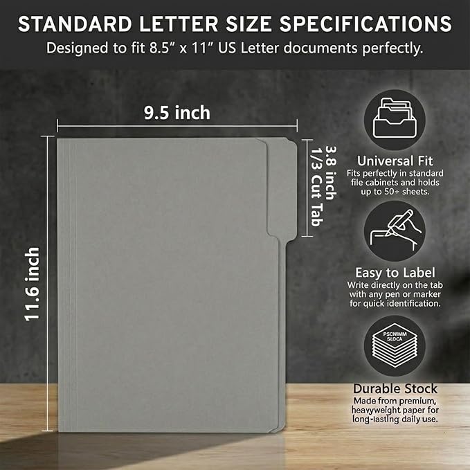 100 Packs Paper File Folder, 1/3-Cut Tabs, 8.5x11 Inch Manilla File Folders - Image 2