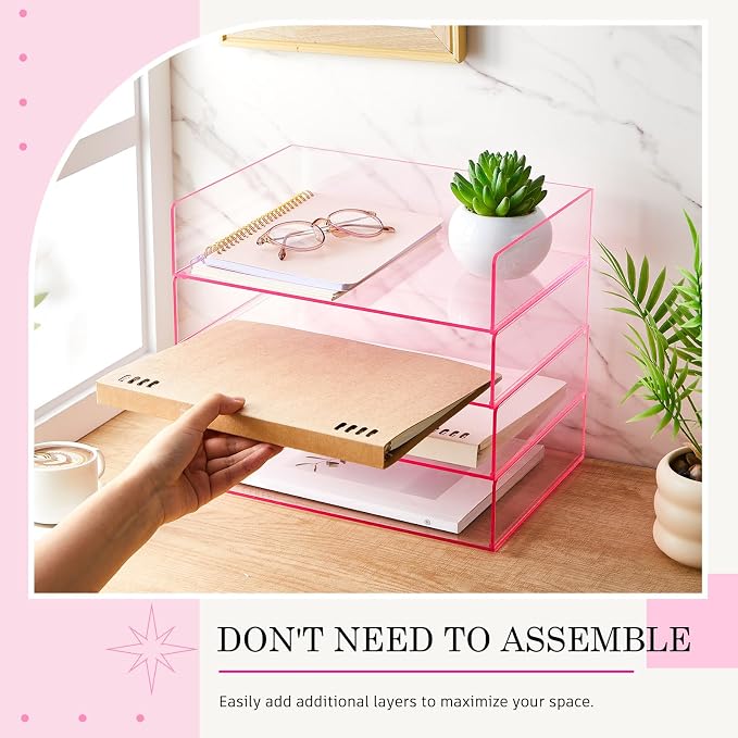Harloon 4 Tier Paper Organizer Letter Tray Pink Acrylic Desk File Organizer - Image 3