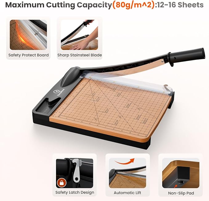 12 Inch Heavy Duty Paper Cutter, Wood Guillotine Paper Cutter & Trimmer - Image 4