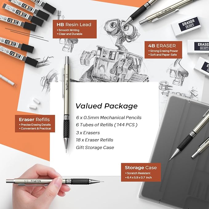 Nicpro 0.5 mm Art Mechanical Pencils Set in Case, 3 Erasers - Image 4