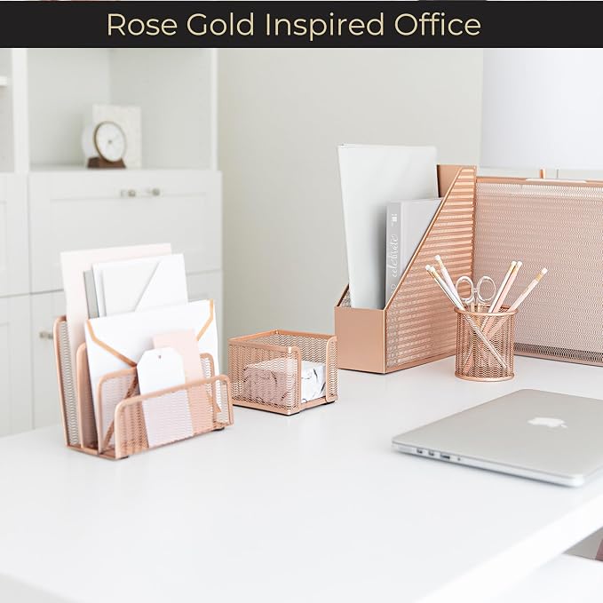 BLU MONACO Rose Gold Metal Mesh Letter Sorter | 3-Slot Vertical Mail Organizer - Image 3