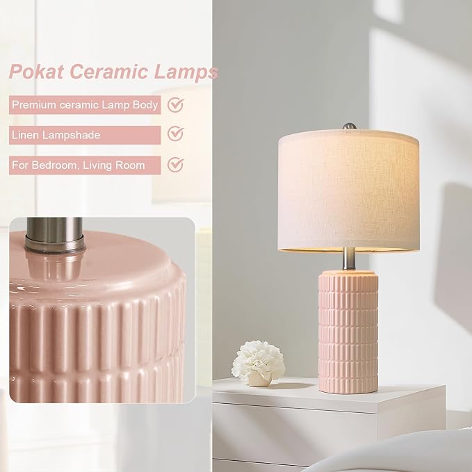 PoKat 20.75" Pink Ceramic Table Lamps Set of 2, Small Modern Bedroom Lamps - Image 6