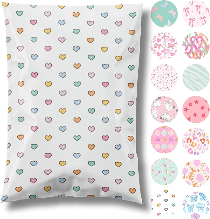 Pretty Package Store Designer Poly Mailers 10x13, Preppy Hearts, 100 Pack | by PrettyPackageStore