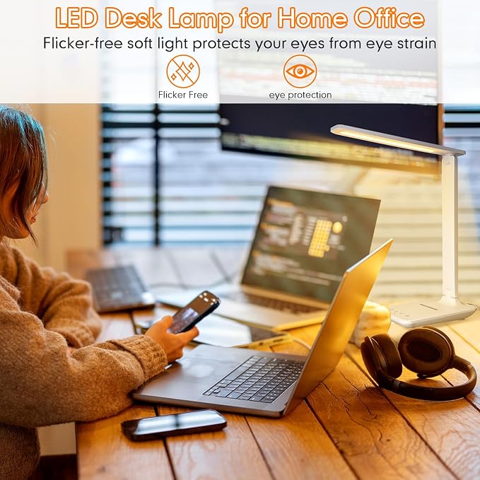 White crown LED Desk Lamp with 15W Wireless Charger & USB Port, Dimmable Table - Image 3