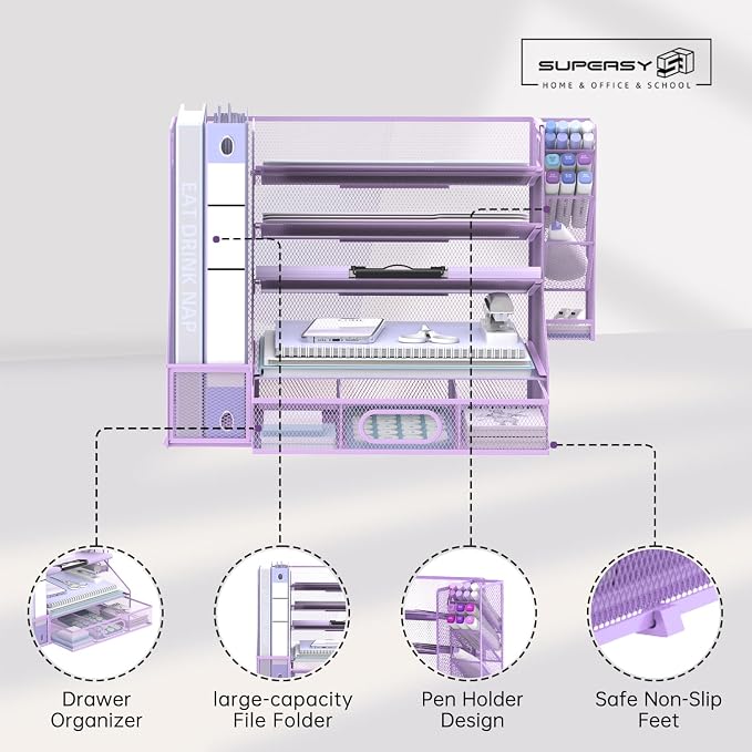 SUPEASY Desk Organizer with File Holder, 5-Tier Mesh Paper Letter Tray - Image 3