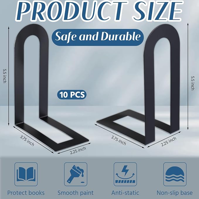 Chunful 10 Pcs Metal Book Ends for Shelves Modern Bookends Decorative Book - Image 4
