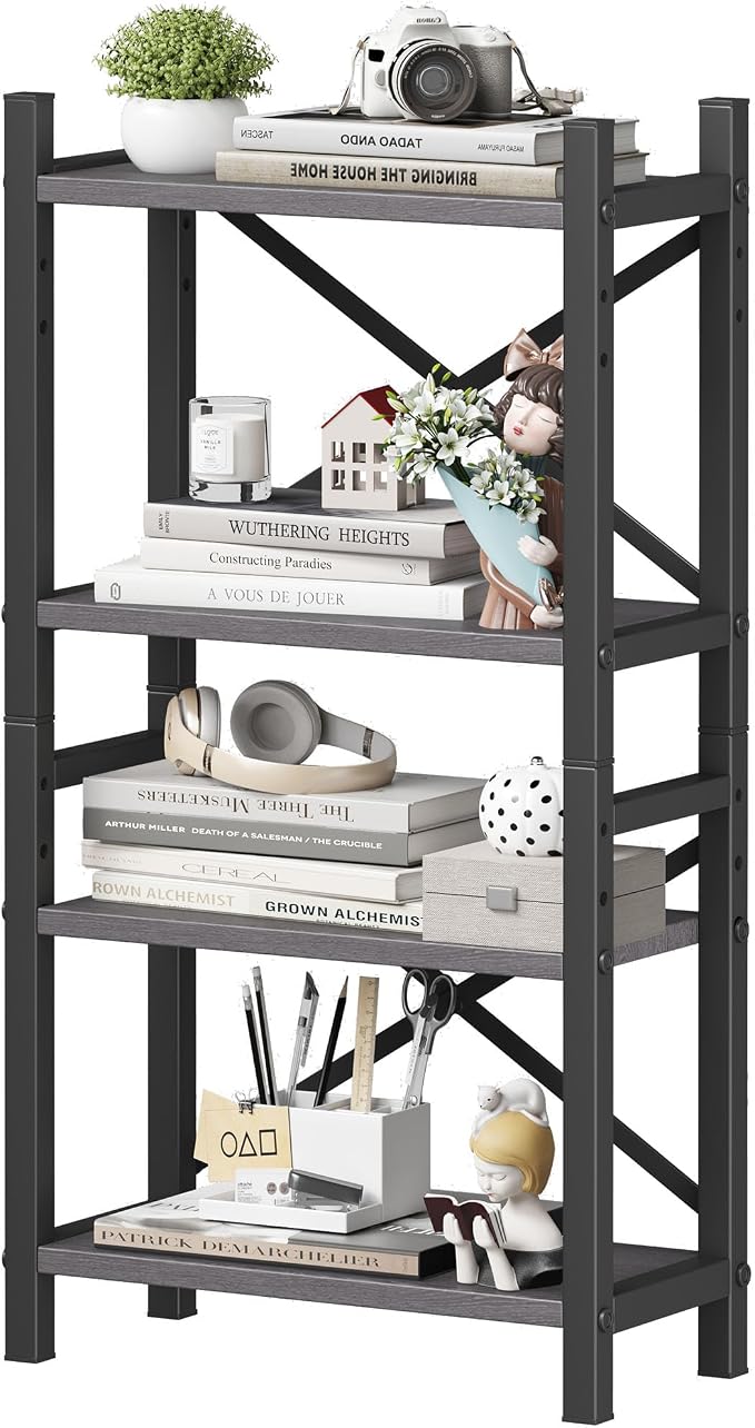 Desktop Bookshelf, 4-Tier Stackable Narrow Bookcase, Adjustable Industrial Desk by Homeiju